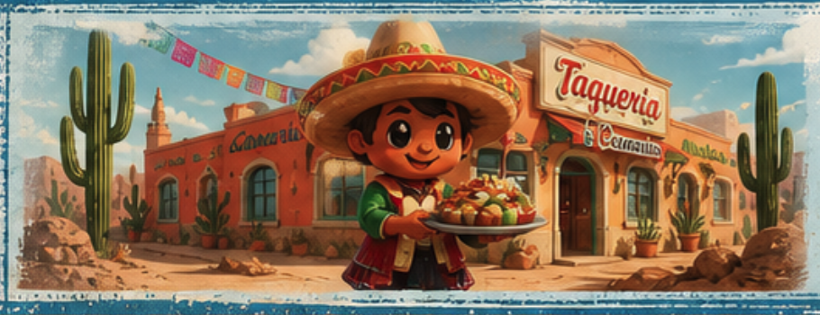 Vintage illustration of a taquera carrying tacos outside an adobe restaurant